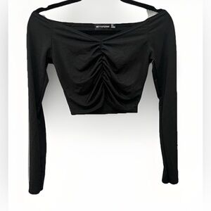 Pretty Little Thing Ladies Black Crop Long Sleeve Top shirt cold Shoulder Small